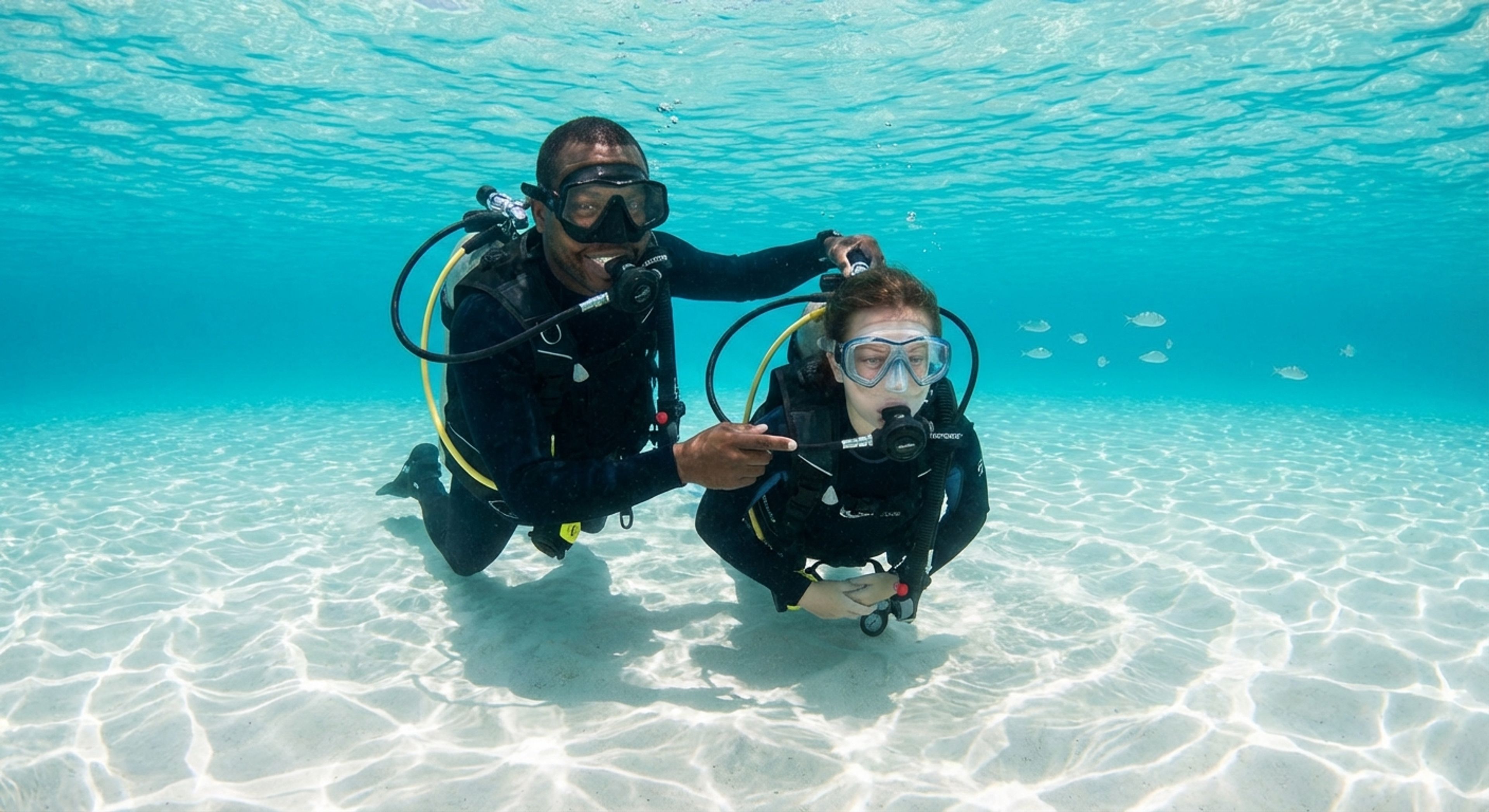 A diver learning in shallow water