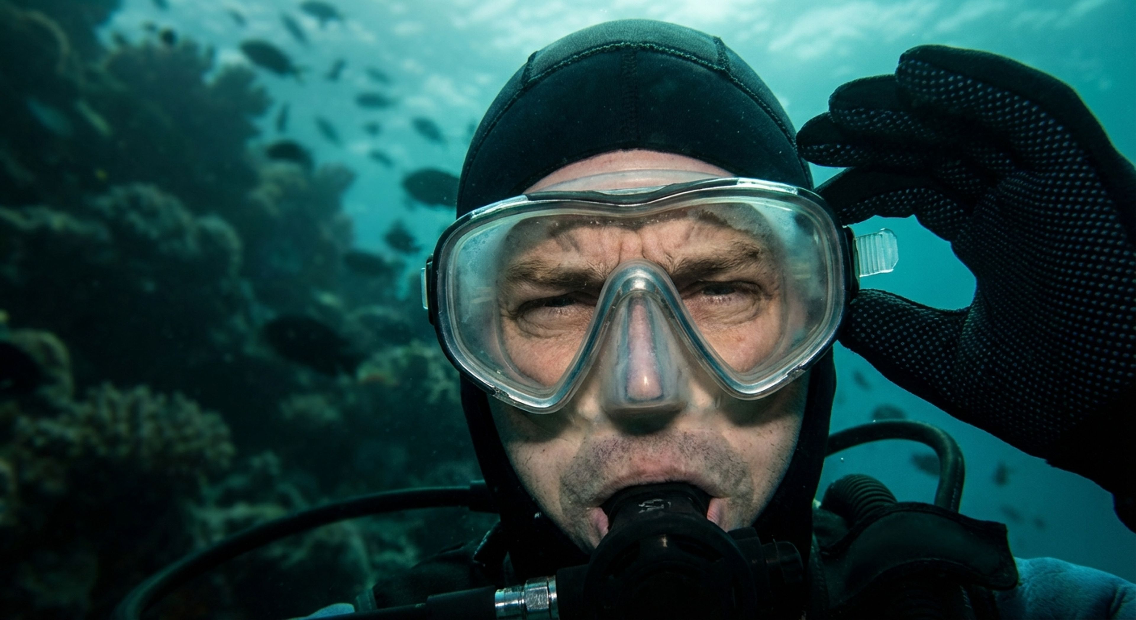 Diver squinting underwater