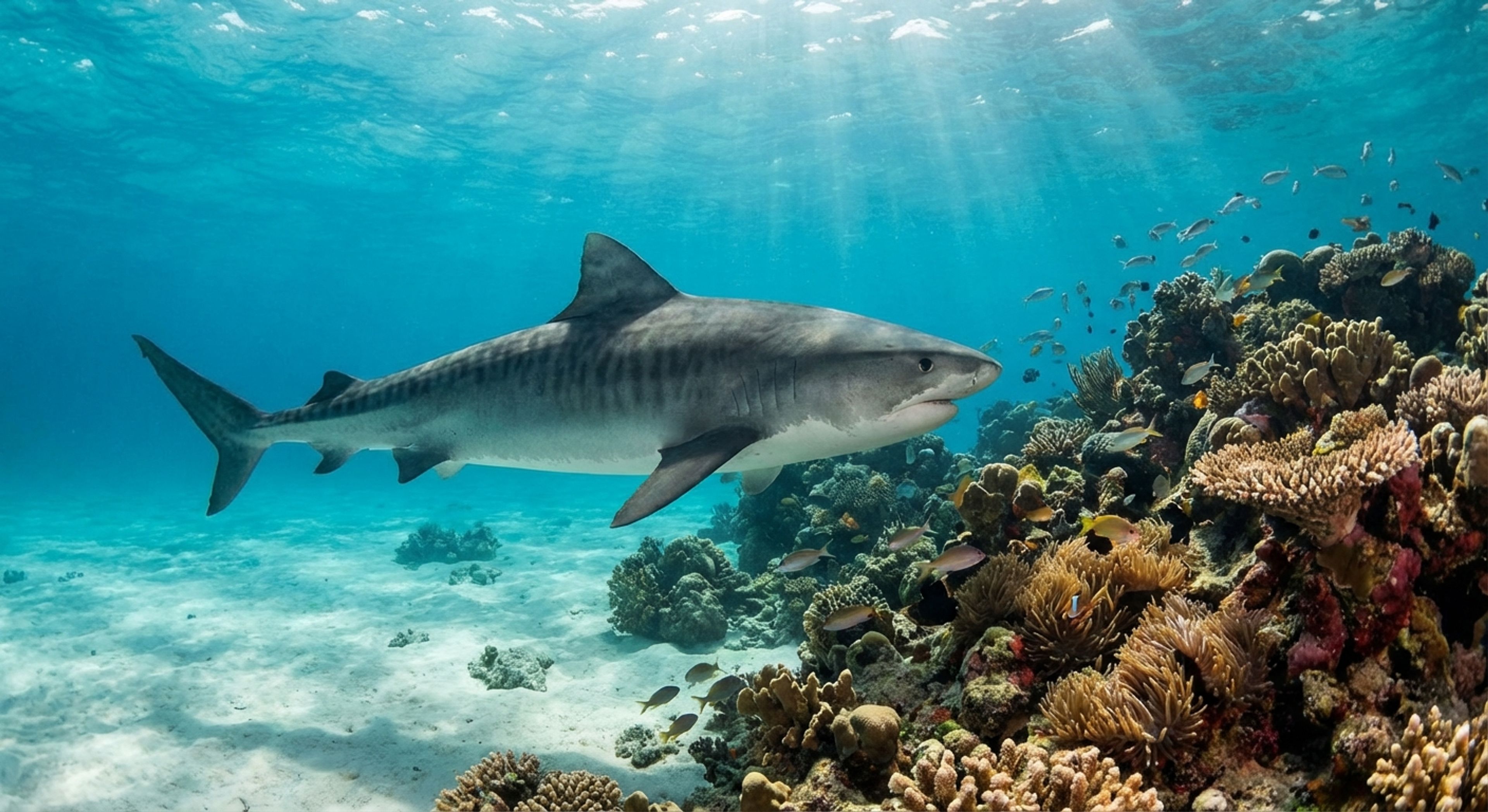 A large tiger shark swimming calmly near a coral reef
