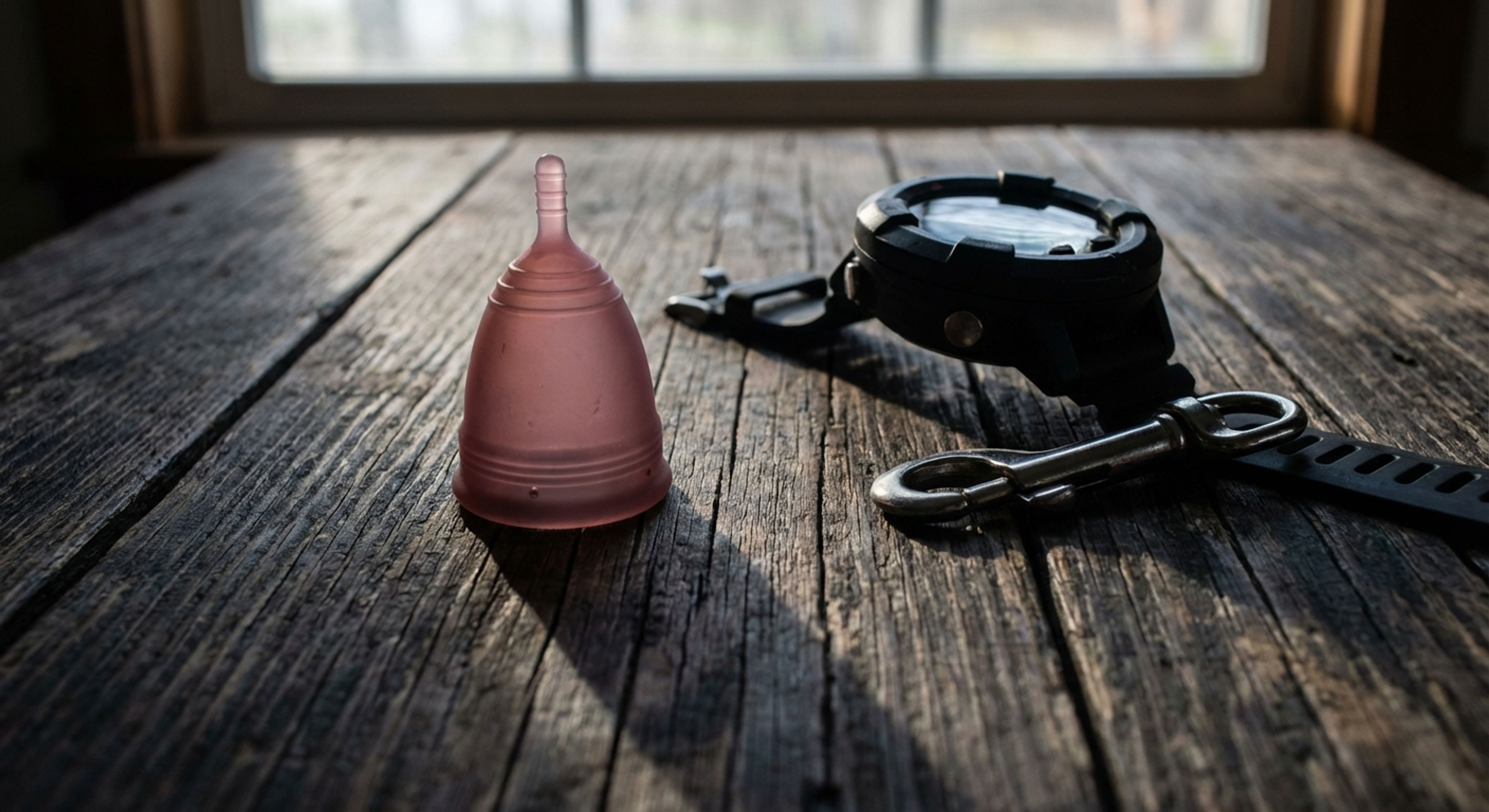 Macro shot of a menstrual cup next to a dive computer