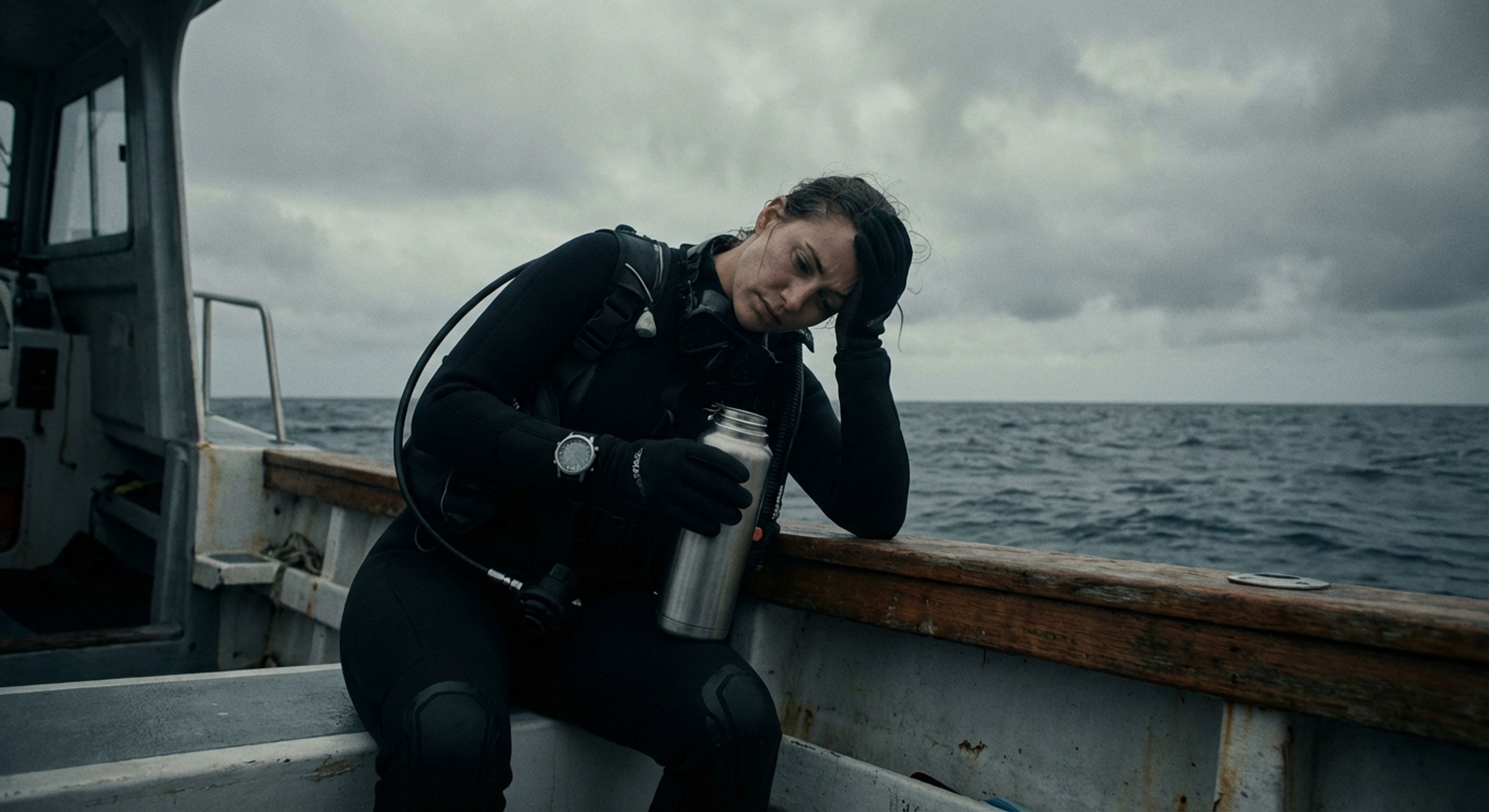 A diver drinking water on a boat deck
