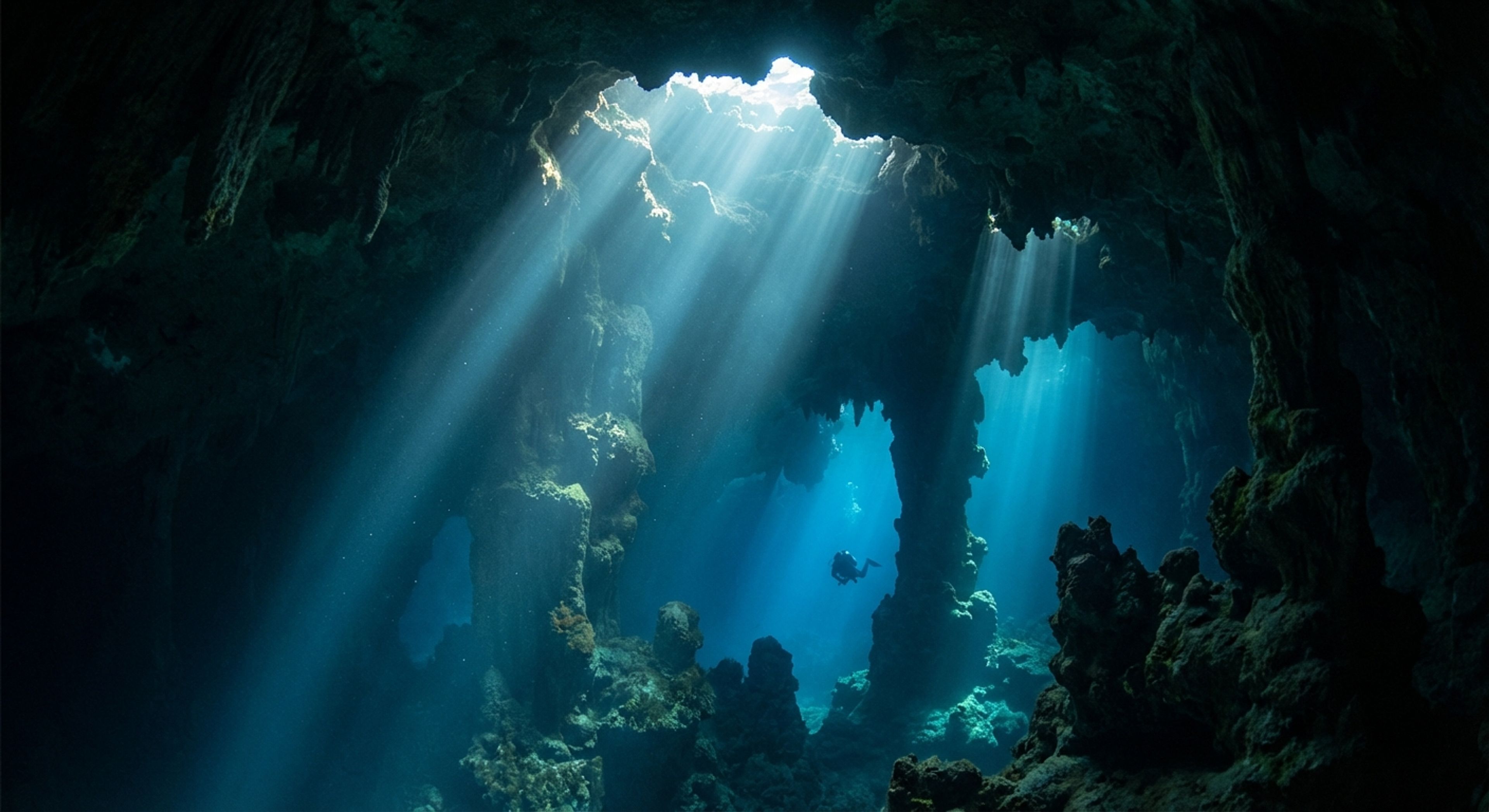 Underwater view of light beams in a cave