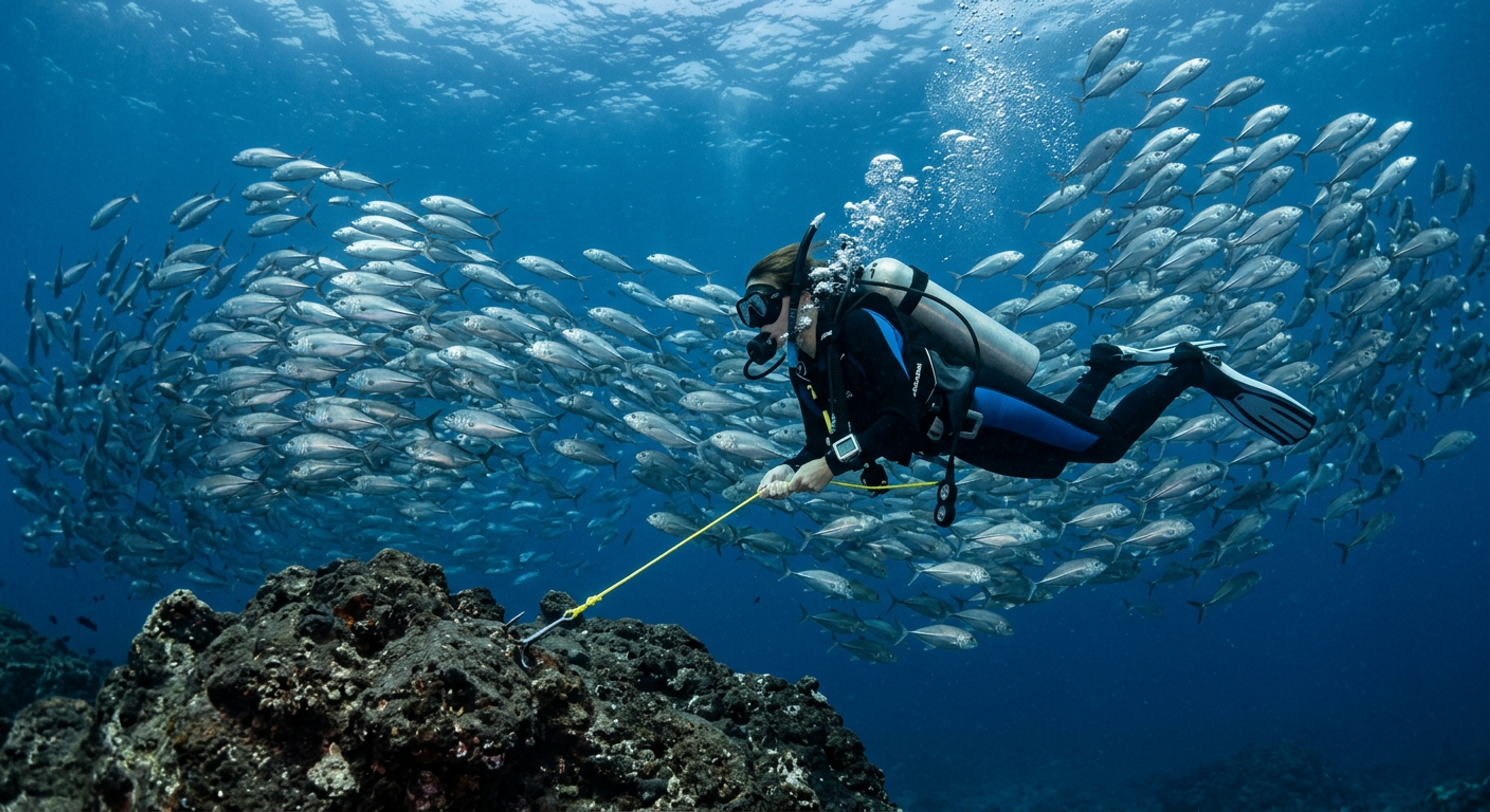 A diver hanging by a reef hook in a strong current