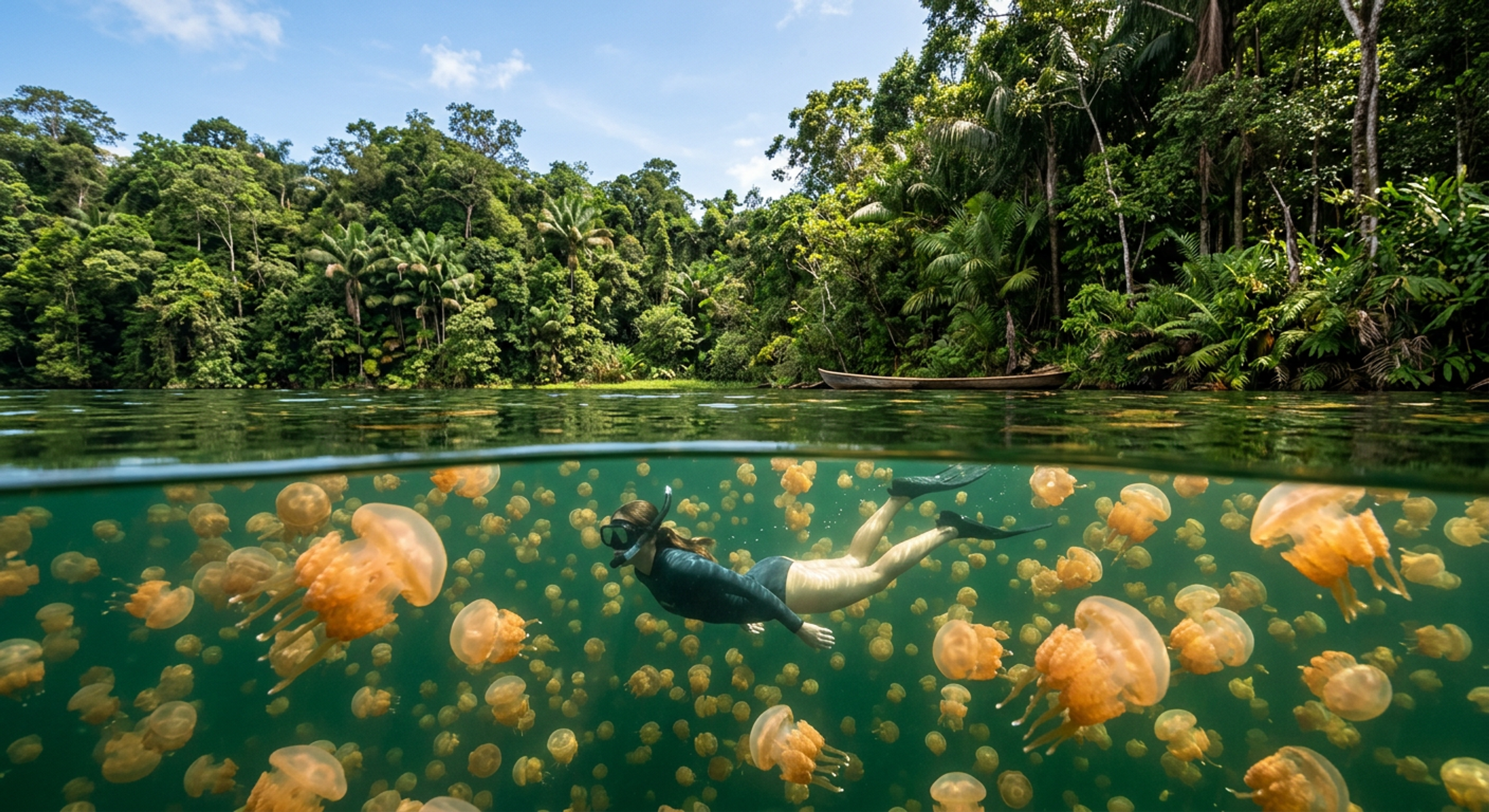A snorkeler floating among thousands of golden jellyfish