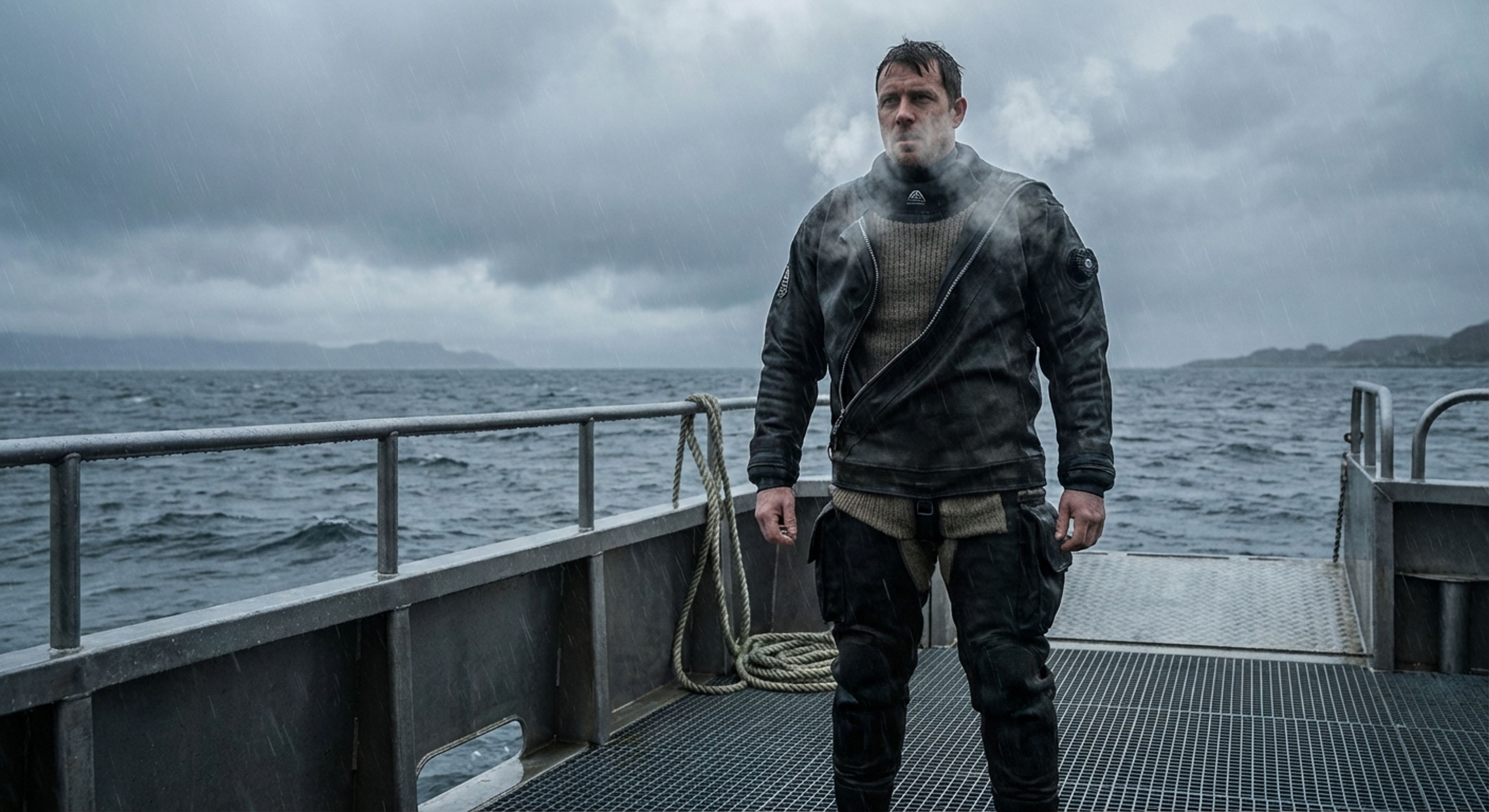 Diver unzipping drysuit on boat deck