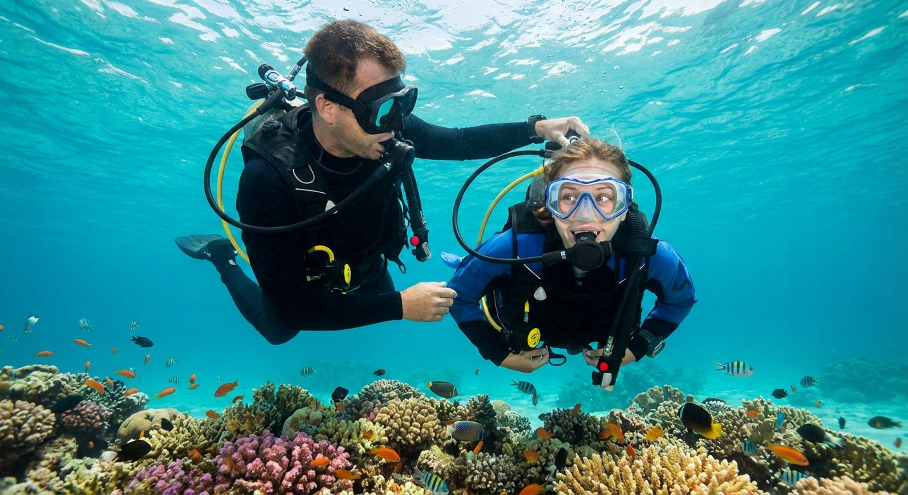 A scuba instructor guiding a student