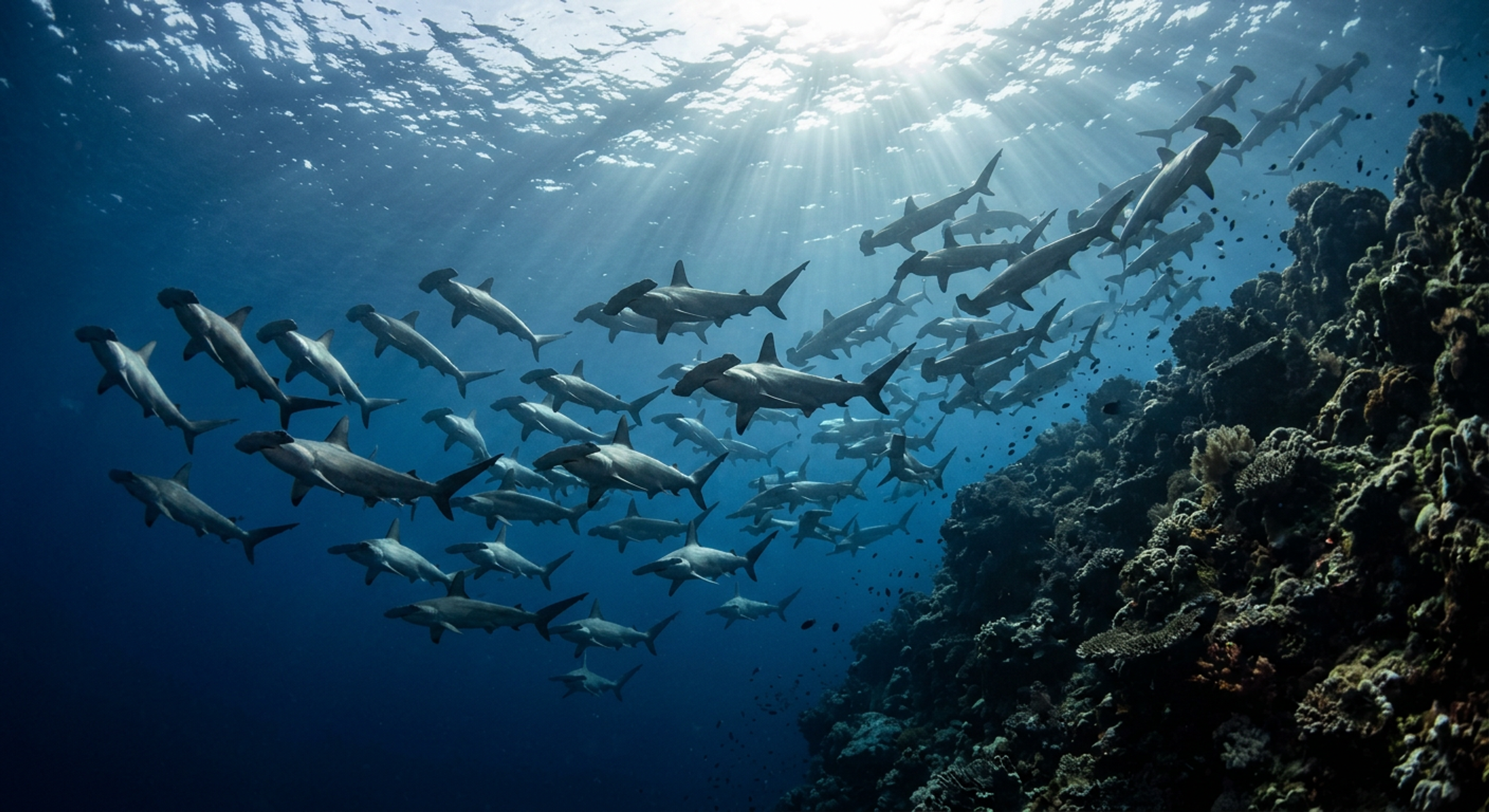 A school of hammerhead sharks