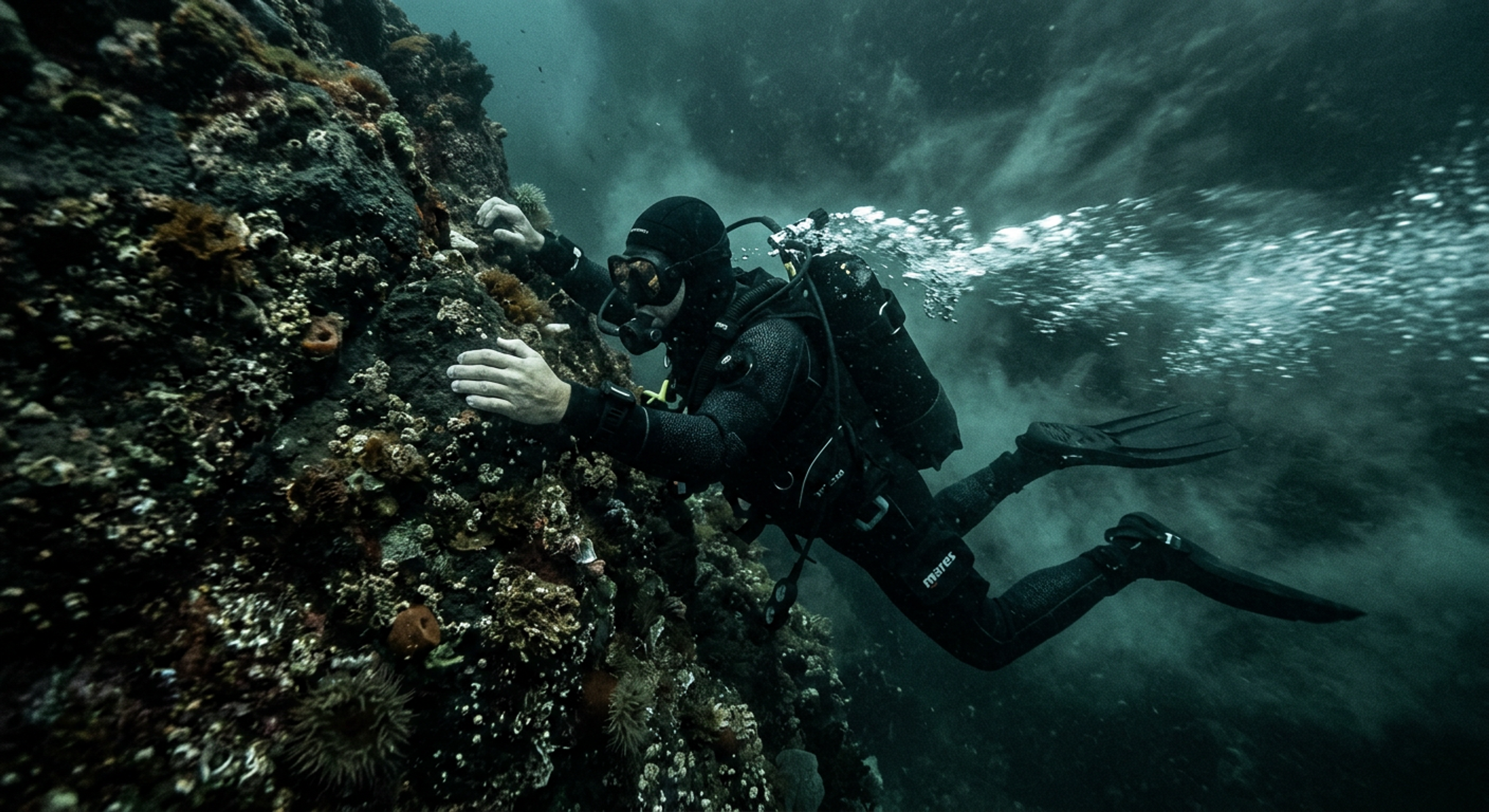 A diver gripping volcanic rock