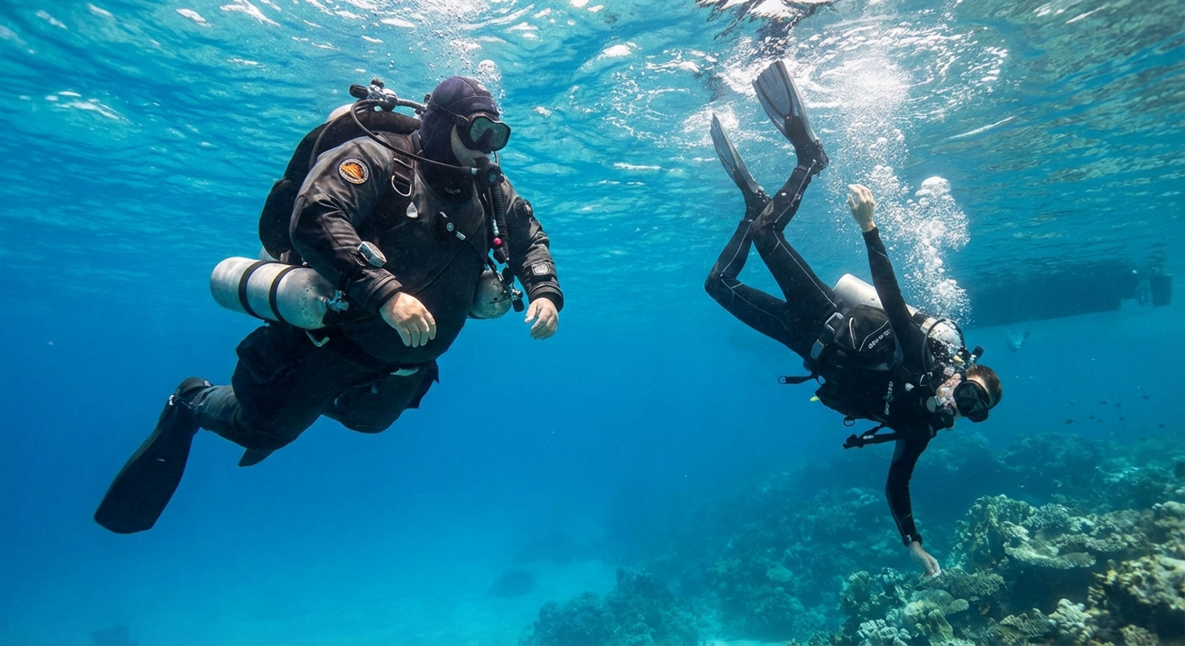 A large diver next to a skinny diver