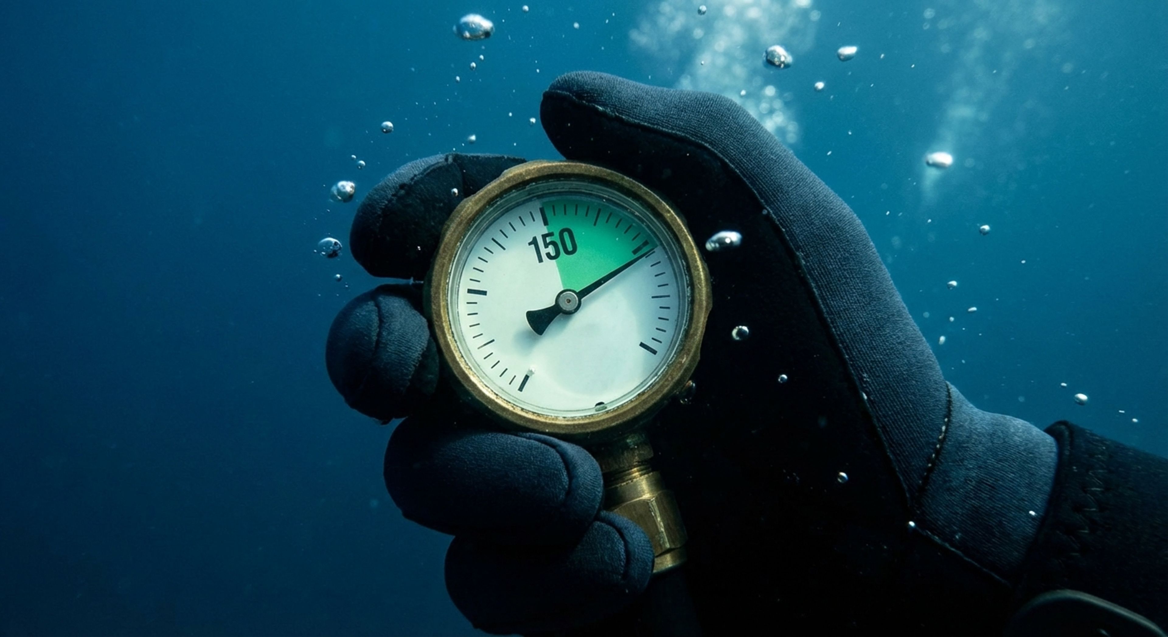 A diver checking air gauge