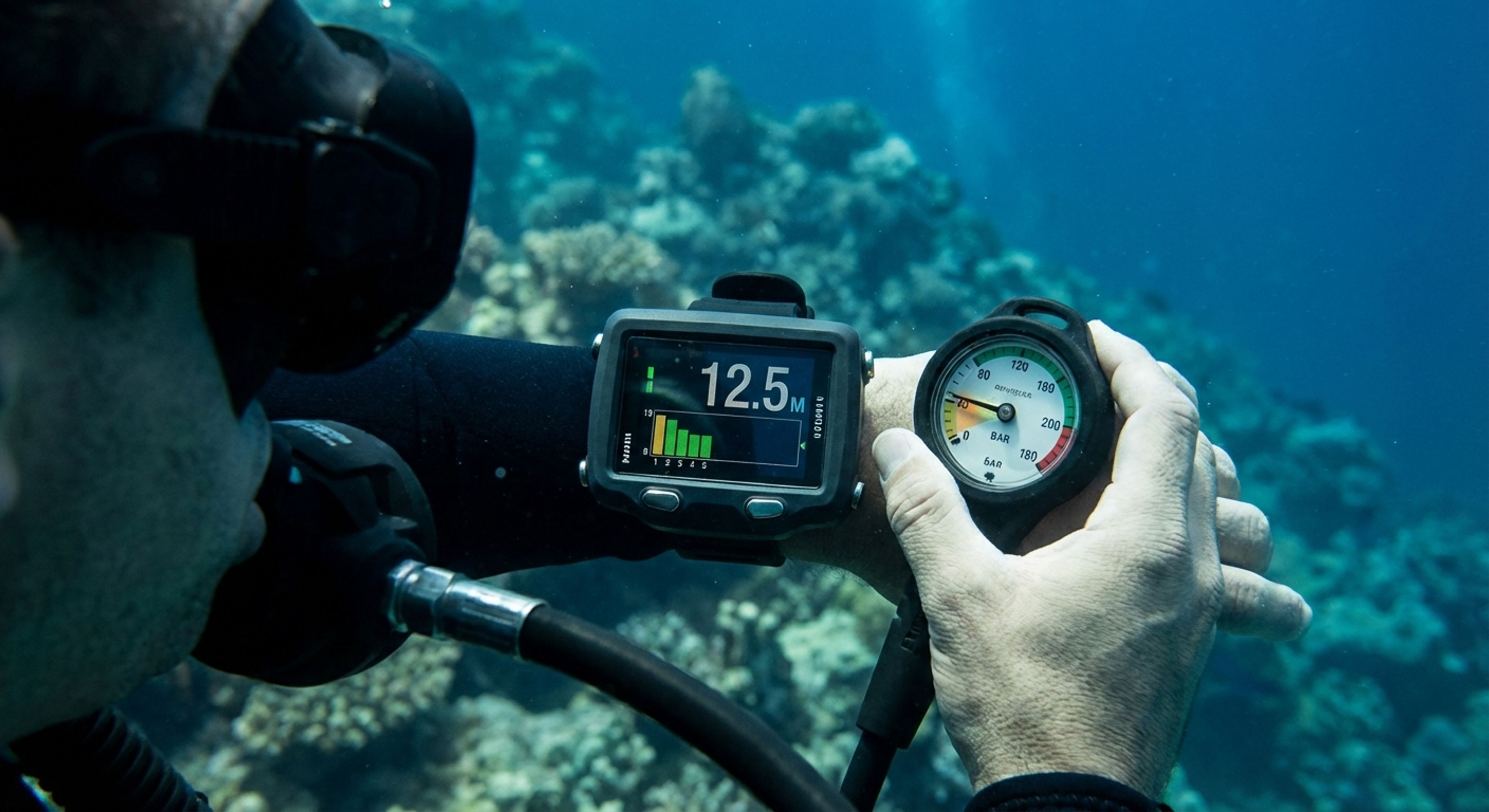 A diver checking gauges
