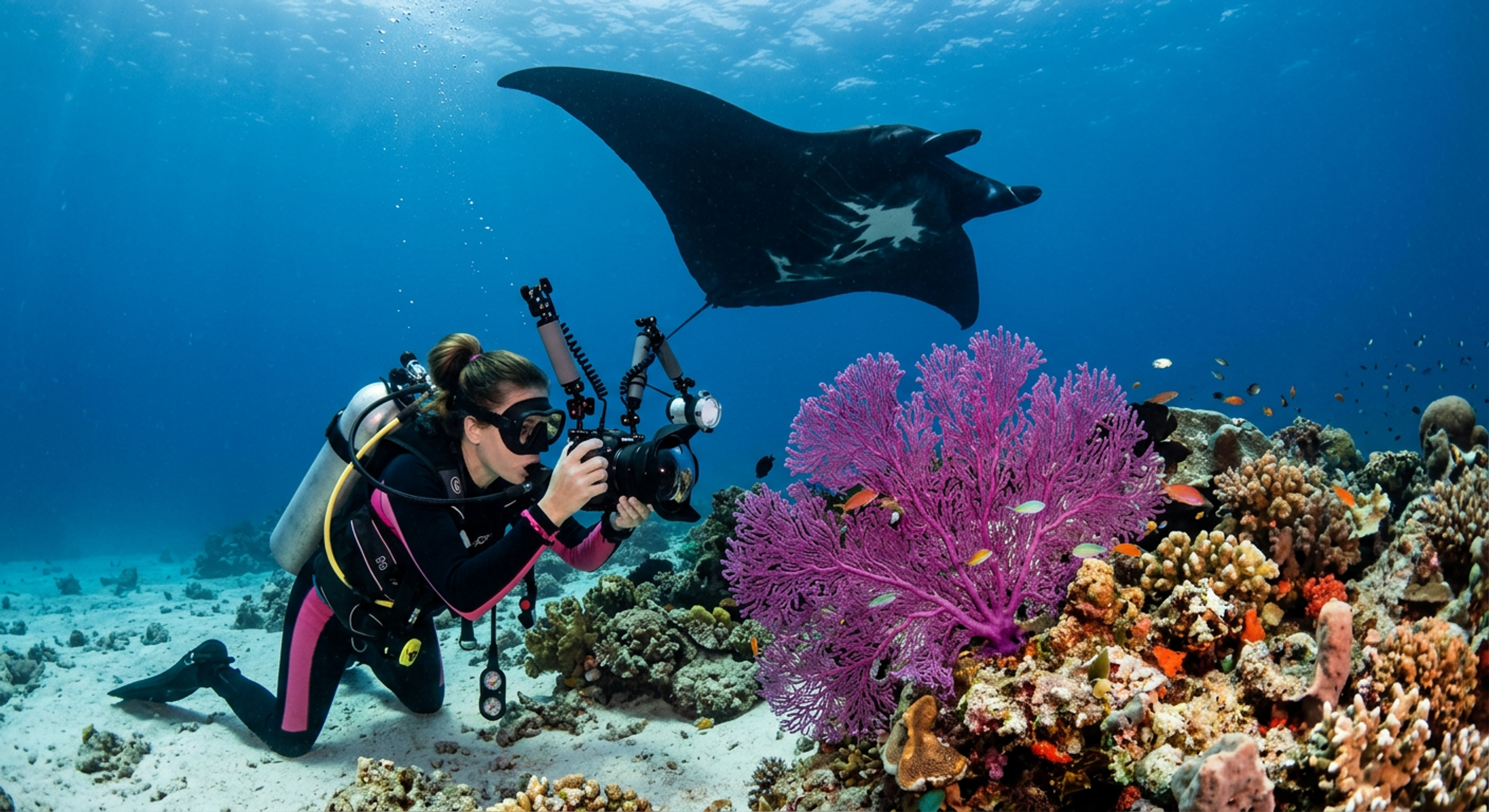 A diver photographing a tiny seahorse