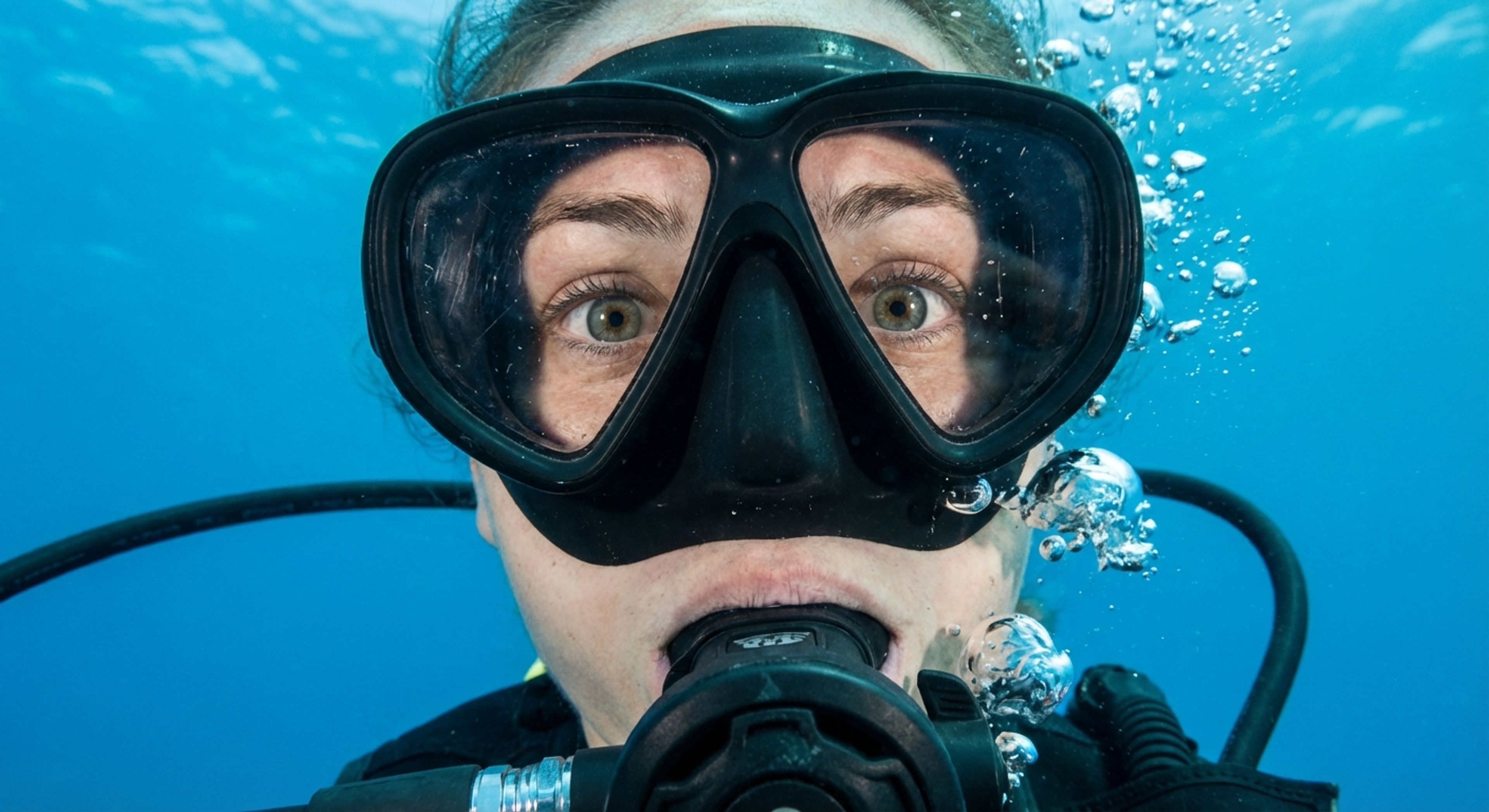 A diver's face close up