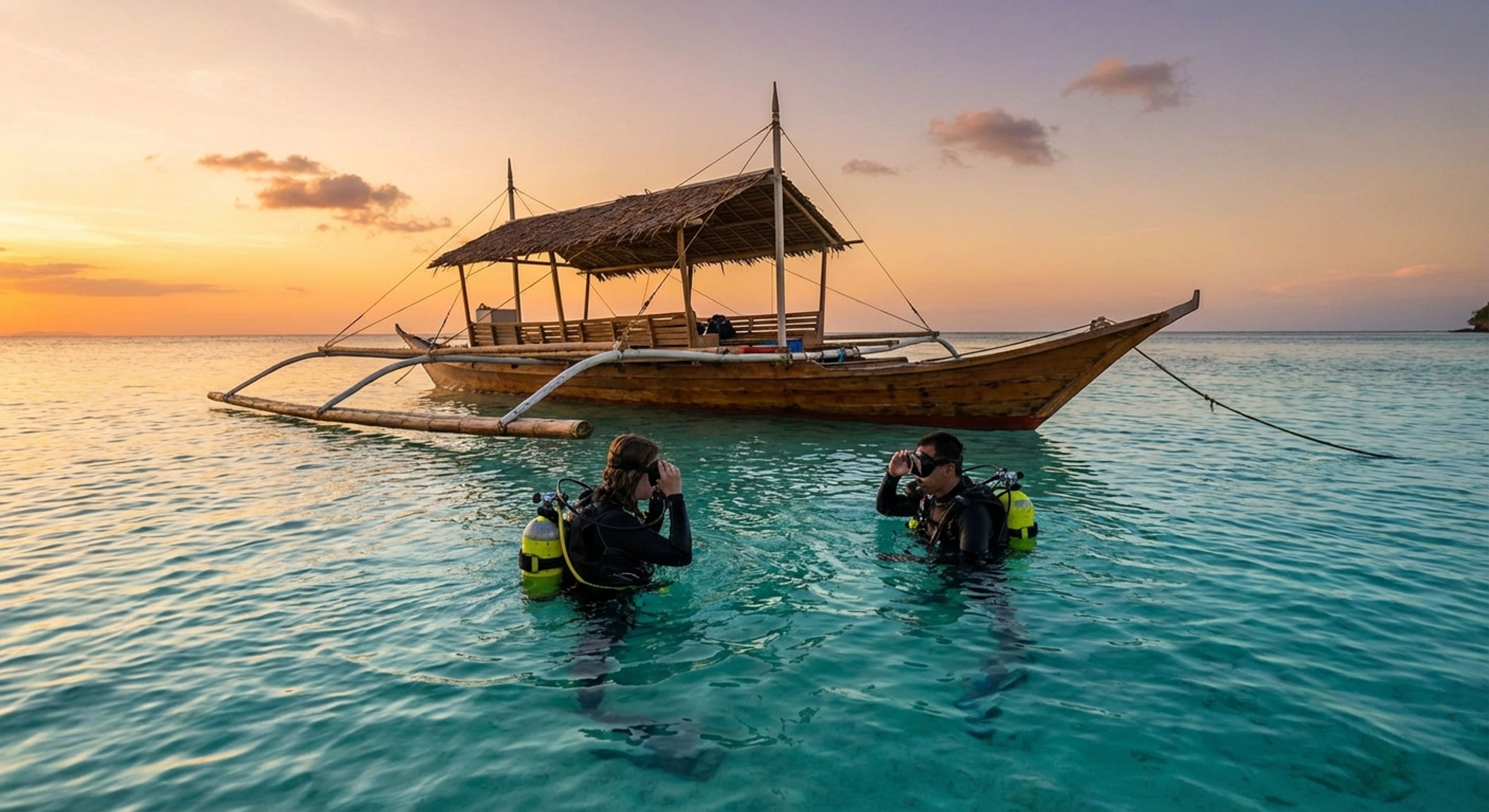 Two divers surfacing near boat
